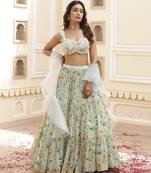 Sky Blue Floral Printed Chiffon Lehenga With Embroidered Blouse