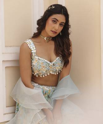 Sky Blue Floral Printed Chiffon Lehenga With Embroidered Blouse 2