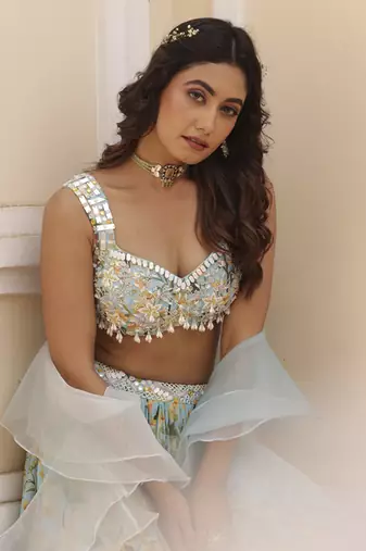 Sky Blue Floral Printed Chiffon Lehenga With Embroidered Blouse