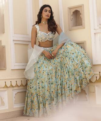 Sky Blue Floral Printed Chiffon Lehenga With Embroidered Blouse 3