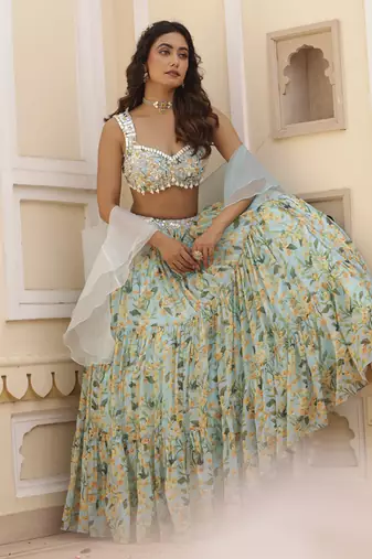Sky Blue Floral Printed Chiffon Lehenga With Embroidered Blouse