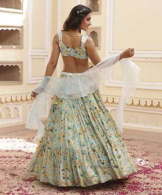 Sky Blue Floral Printed Chiffon Lehenga With Embroidered Blouse 4