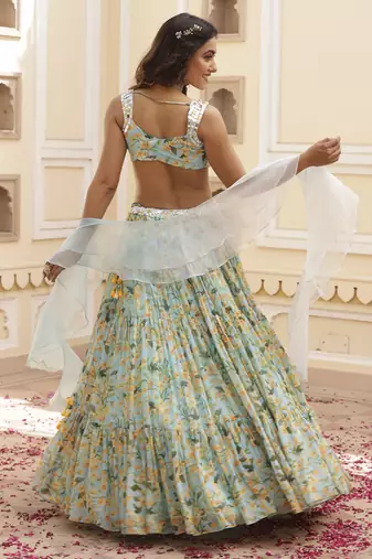 Sky Blue Floral Printed Chiffon Lehenga With Embroidered Blouse