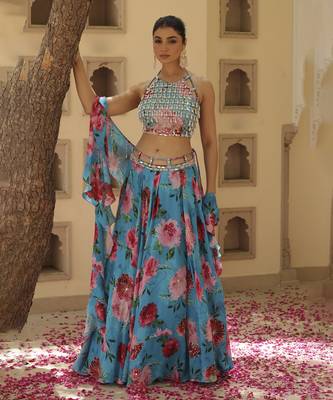 Blue Floral Printed Chiffon Lehenga With Embroidered Blouse 1