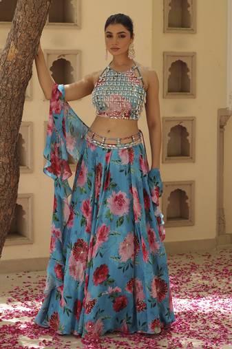 Blue Floral Printed Chiffon Lehenga With Embroidered Blouse