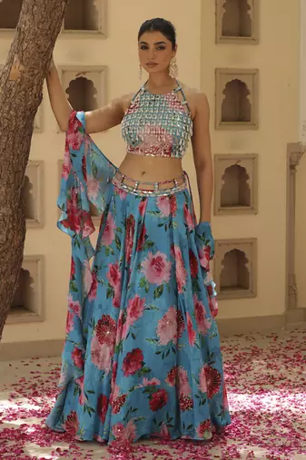 Blue Floral Printed Chiffon Lehenga With Embroidered Blouse