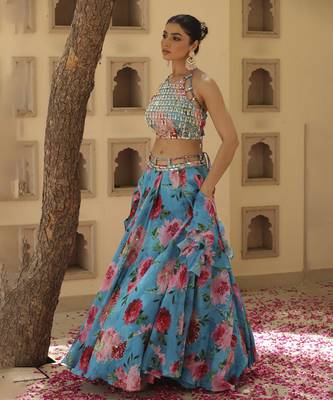 Blue Floral Printed Chiffon Lehenga With Embroidered Blouse 2