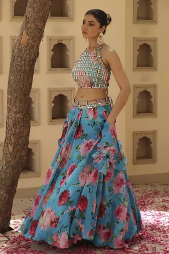 Blue Floral Printed Chiffon Lehenga With Embroidered Blouse