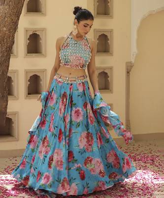 Blue Floral Printed Chiffon Lehenga With Embroidered Blouse 3