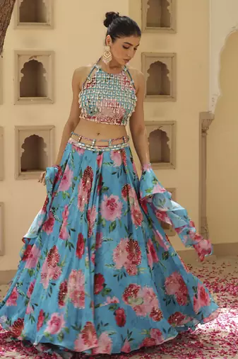 Blue Floral Printed Chiffon Lehenga With Embroidered Blouse