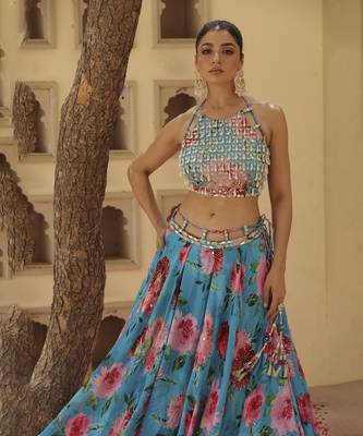 Blue Floral Printed Chiffon Lehenga With Embroidered Blouse 4