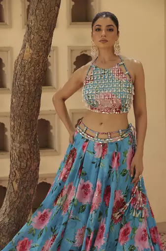 Blue Floral Printed Chiffon Lehenga With Embroidered Blouse