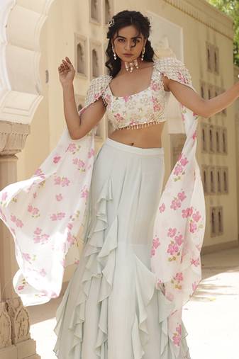 Green Plain Fish Cut Ruffle Detailed Chiffon Lehenga With Embroidered Blouse