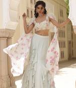 Green Plain Fish Cut Ruffle Detailed Chiffon Lehenga With Embroidered Blouse
