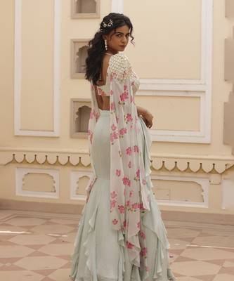 Green Plain Fish Cut Ruffle Detailed Chiffon Lehenga With Embroidered Blouse 2