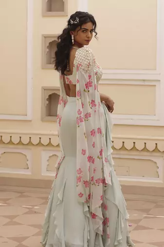 Green Plain Fish Cut Ruffle Detailed Chiffon Lehenga With Embroidered Blouse