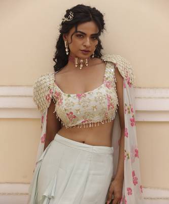Green Plain Fish Cut Ruffle Detailed Chiffon Lehenga With Embroidered Blouse 3