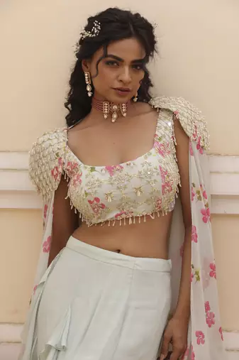 Green Plain Fish Cut Ruffle Detailed Chiffon Lehenga With Embroidered Blouse