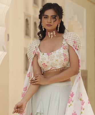 Green Plain Fish Cut Ruffle Detailed Chiffon Lehenga With Embroidered Blouse 4