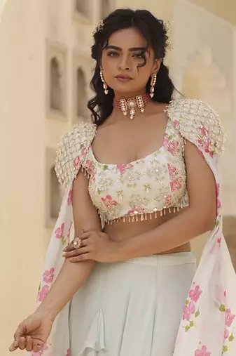 Green Plain Fish Cut Ruffle Detailed Chiffon Lehenga With Embroidered Blouse