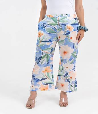 Sky blue printed floral broad fit cotton  pant 1
