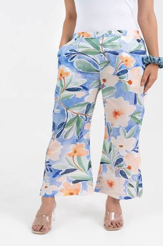 Sky blue printed floral broad fit cotton  pant