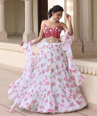 Light-Green Floral Printed Chiffon Lehenga With Embroidered Blouse 1