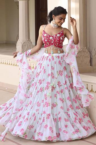 Light-Green Floral Printed Chiffon Lehenga With Embroidered Blouse