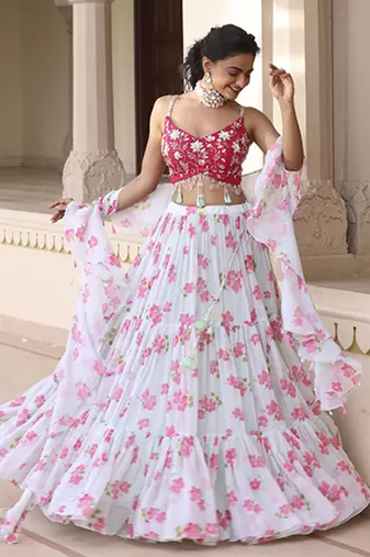 Light-Green Floral Printed Chiffon Lehenga With Embroidered Blouse