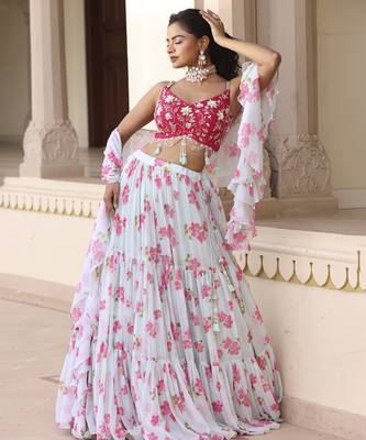 Light-Green Floral Printed Chiffon Lehenga With Embroidered Blouse 2