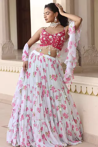 Light-Green Floral Printed Chiffon Lehenga With Embroidered Blouse