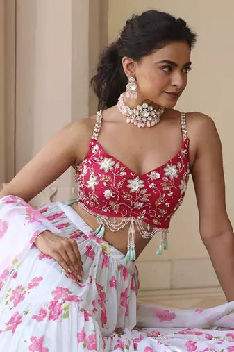 Light-Green Floral Printed Chiffon Lehenga With Embroidered Blouse