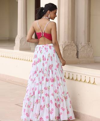 Light-Green Floral Printed Chiffon Lehenga With Embroidered Blouse 4