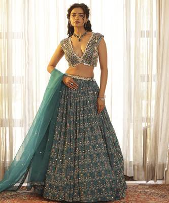 Teal Green Chiffon Embroidered Lehenga 1