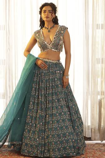 Teal Green Chiffon Embroidered Lehenga