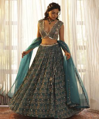 Teal Green Chiffon Embroidered Lehenga 2