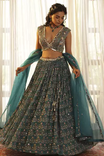Teal Green Chiffon Embroidered Lehenga