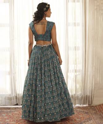 Teal Green Chiffon Embroidered Lehenga 3