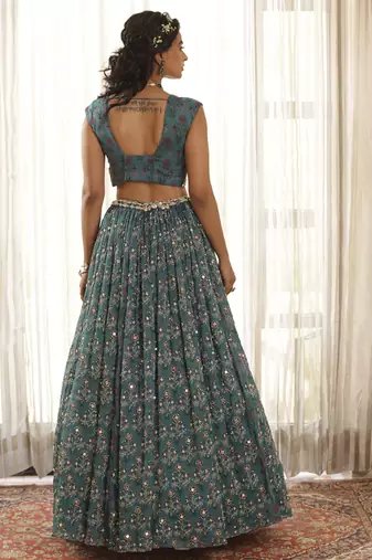 Teal Green Chiffon Embroidered Lehenga