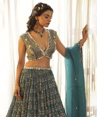 Teal Green Chiffon Embroidered Lehenga 4