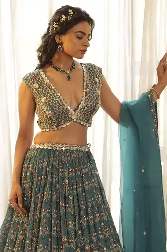 Teal Green Chiffon Embroidered Lehenga