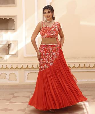 Orange Chiffon Plain Lehenga With Embroidered Blouse 5