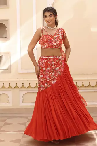 Orange Chiffon Plain Lehenga With Embroidered Blouse