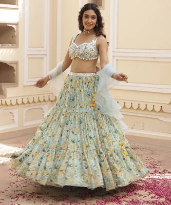 Sky Blue Floral Printed Chiffon Lehenga With Embroidered Blouse 5