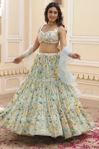 Sky Blue Floral Printed Chiffon Lehenga With Embroidered Blouse