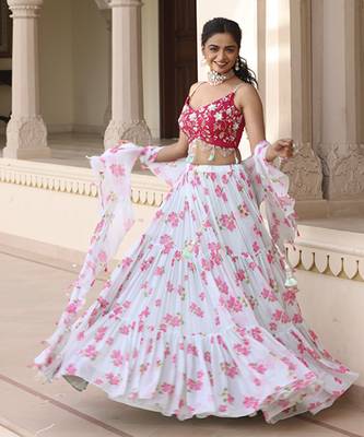 Light-Green Floral Printed Chiffon Lehenga With Embroidered Blouse 5