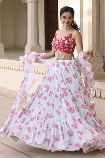 Light-Green Floral Printed Chiffon Lehenga With Embroidered Blouse