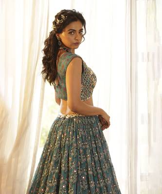Teal Green Chiffon Embroidered Lehenga 5
