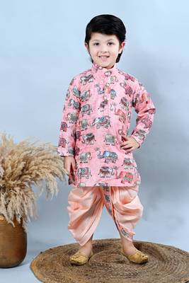 Boys cotton silk crochet animal printed kurta & dhoti set 1