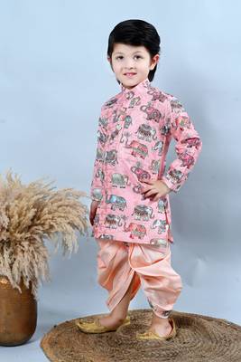 Boys cotton silk crochet animal printed kurta & dhoti set 3